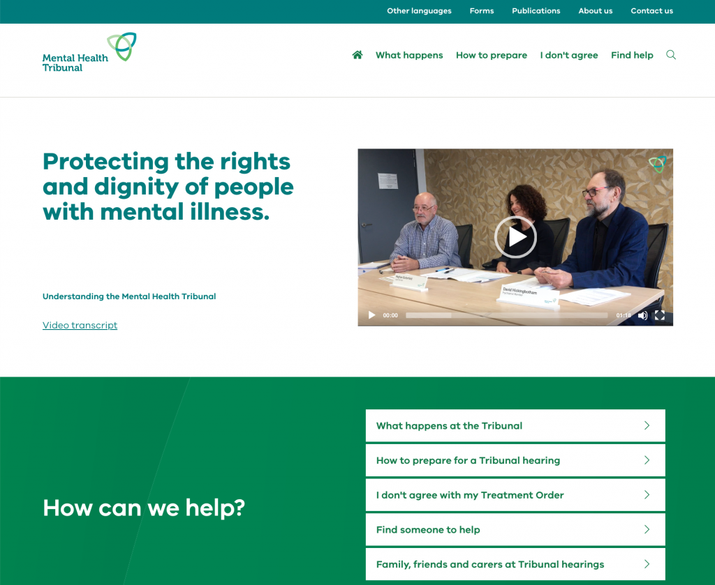 Home page for the Mental Health Tribunal which has a video and the heading 'Protecting the rights and dignity of people with mental illness'.